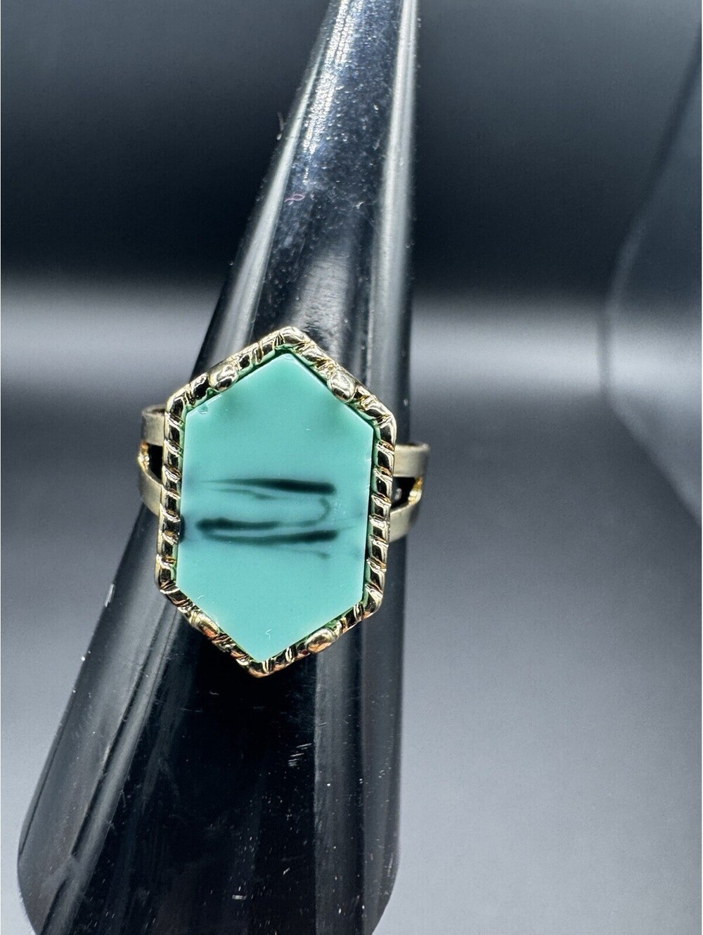 Adjustable Gold Tone Hexagon Turquoise Stone Ring Geometric Boho Statement New